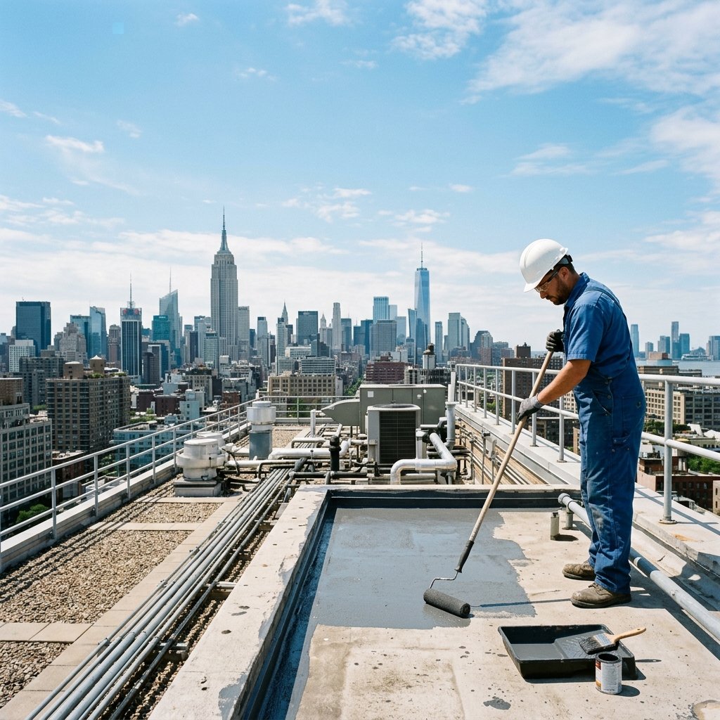 Waterproofing Trade Worker on Roof Deck in Australia City